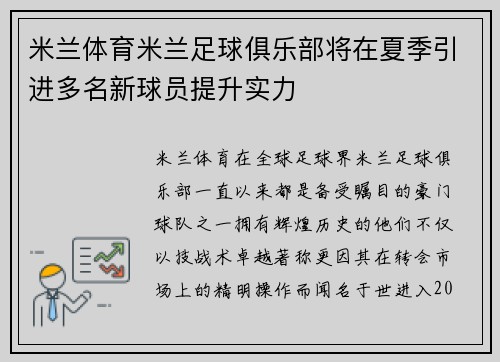 米兰体育米兰足球俱乐部将在夏季引进多名新球员提升实力