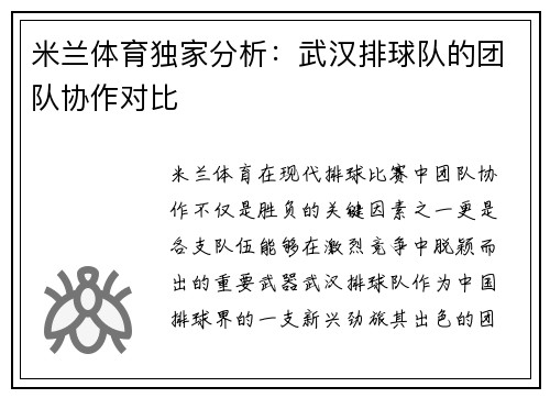 米兰体育独家分析：武汉排球队的团队协作对比