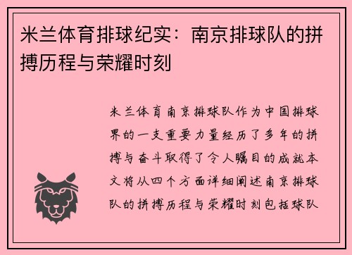 米兰体育排球纪实：南京排球队的拼搏历程与荣耀时刻